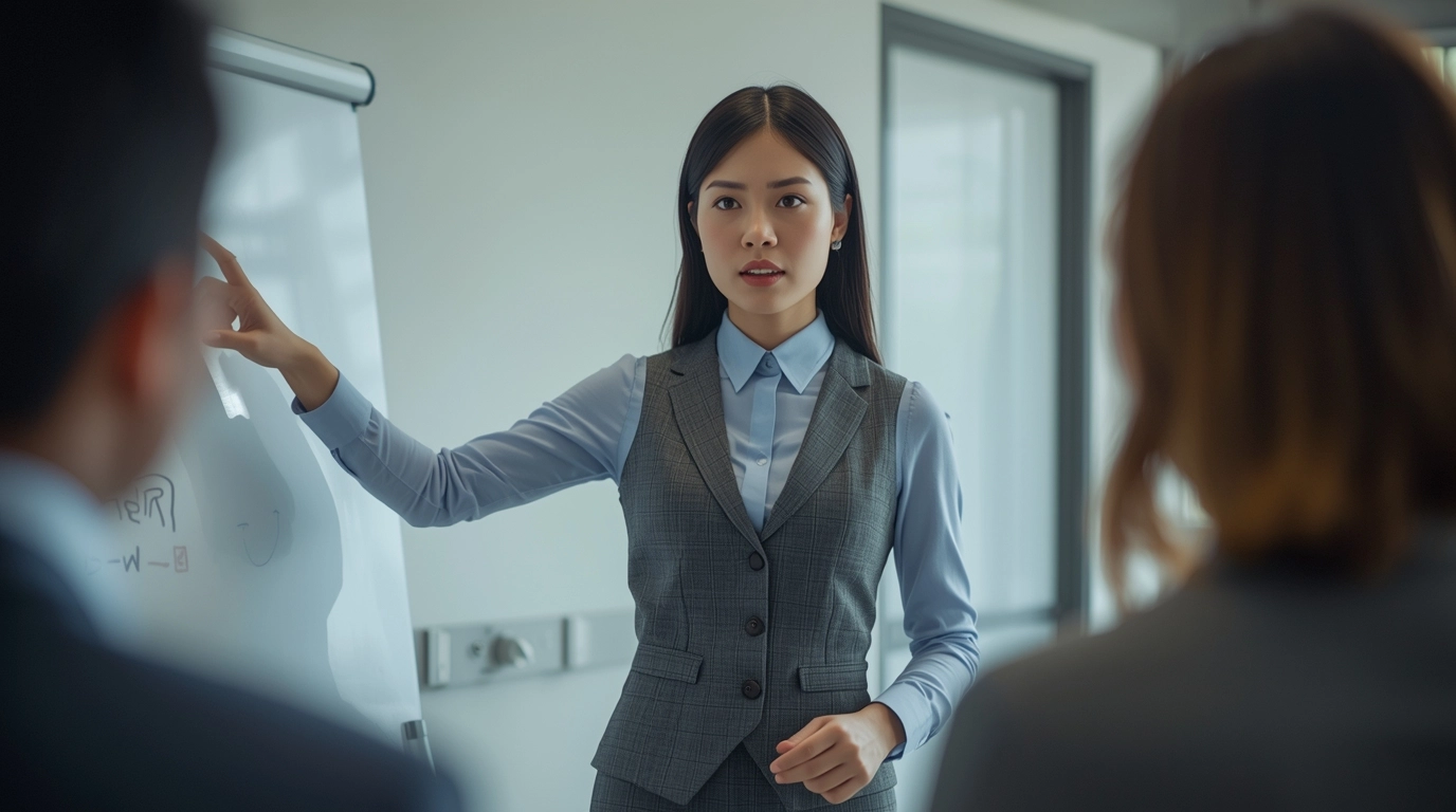 正在會議中發言的穿著背心女性