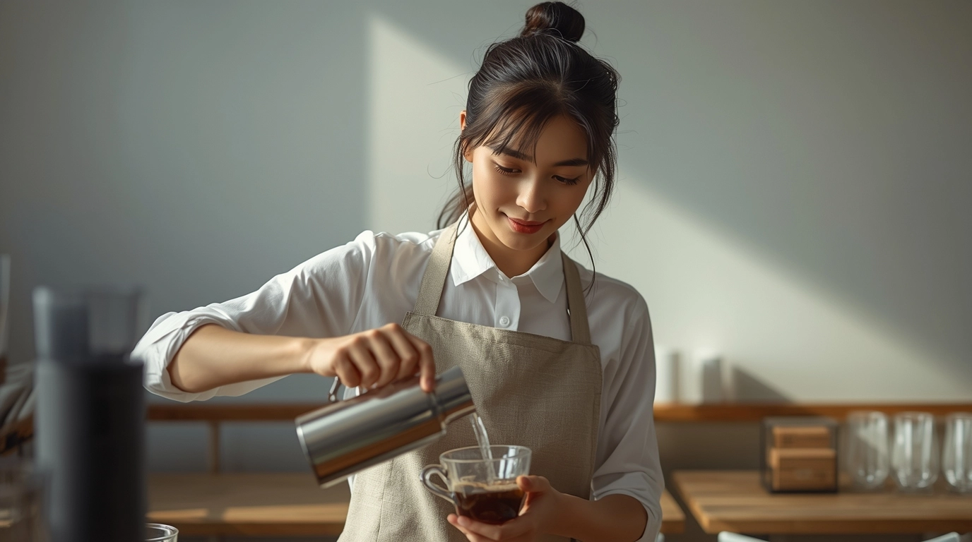 一位女性咖啡師穿著高質感的米色棉麻圍裙，內搭白襯衫，正在專注手沖咖啡，畫面呈現日系雜誌的清新與職人專業感。/日系米色圍裙職人