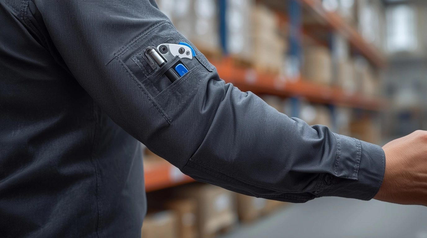 情境照:一位倉儲人員的手臂特寫,左臂上的筆插袋插著一支筆和一支美工刀,他正輕鬆地抬手拿取,展現設計的便利性。 工作服手臂筆插與多功能口袋設計