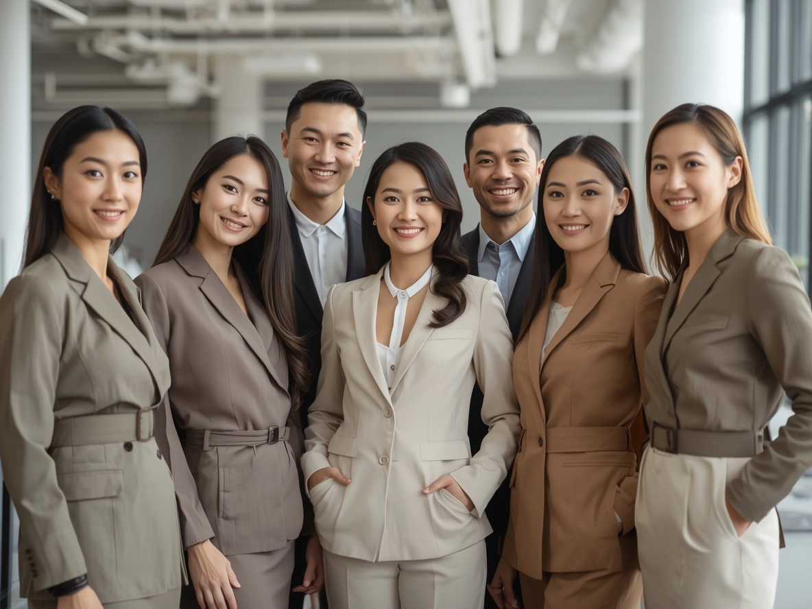 企業團隊穿著相配的製服，專業而自信，現代商務辦公背景