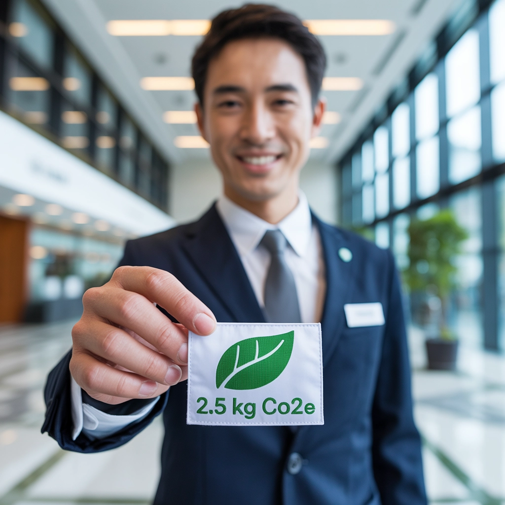 企業業務穿著帶有透明碳足跡標籤的制服，大幅提升客戶對企業 ESG 形象的信任感