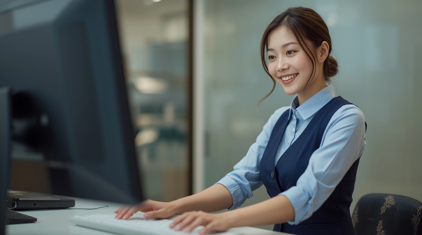 情境照：一位年輕的台灣信用部女行員，穿著七分袖淺藍色襯衫與深色背心，正在櫃台後操作電腦。她看起來專注且舒適，袖口長度剛好露出手錶，俐落不拖沓。	穿著七分袖制服的銀行櫃員操作電腦