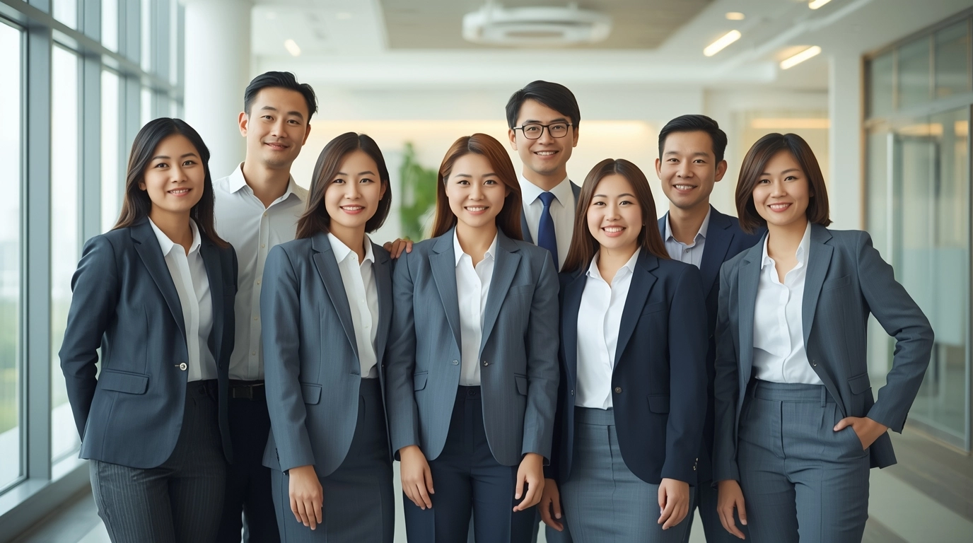 一群台灣辦公室員工穿著源洋制服設計的企業制服,站在明亮辦公室中展現團隊凝聚力與企業文化。