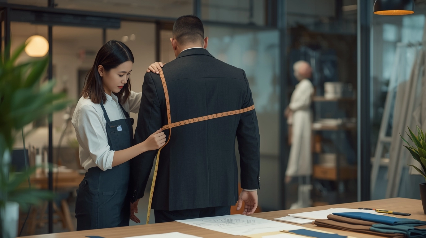 辦公室場景，一位設計師拿著布尺正在幫一位身材較壯碩的男同事量身，旁邊桌上放著設計圖稿，氣氛輕鬆專業。	專業制服量身訂製與設計圖稿