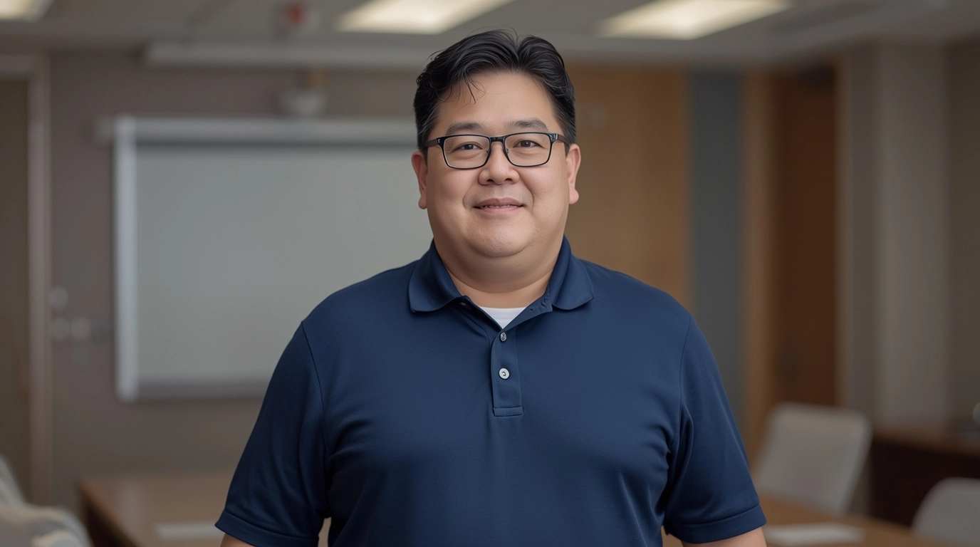 一位體型較壯碩、微胖的中年男性主管，穿著深色制服 Polo 衫，看起來舒適且專業，正在與人交談的樣子。強調包容性尺碼的真實感。	微胖體型的台灣男性穿著制服Polo衫展示舒適度