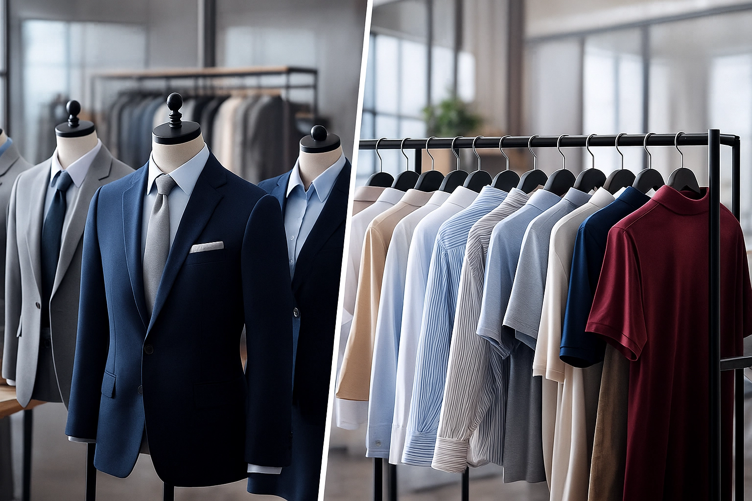 訂製制服與成衣採購對比圖。左側為專業訂製西裝的人台展示，右側為多款成衣上衣吊掛於展示架，呈現企業選擇制服方案時的差異與比較。