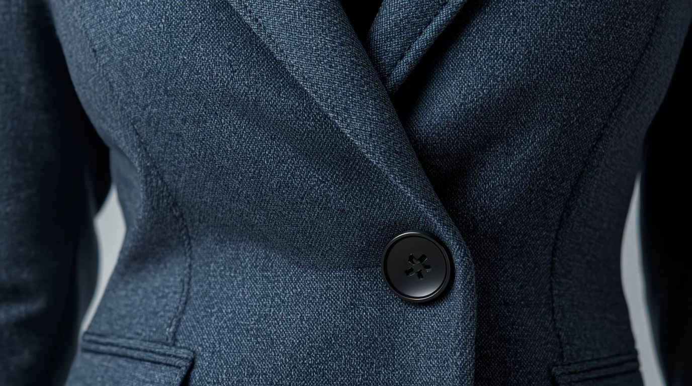 西裝細節特寫莫蘭迪色系 特寫展示西裝的莫蘭迪色布料質感、精緻的窄領設計與袖口鈕扣細節。