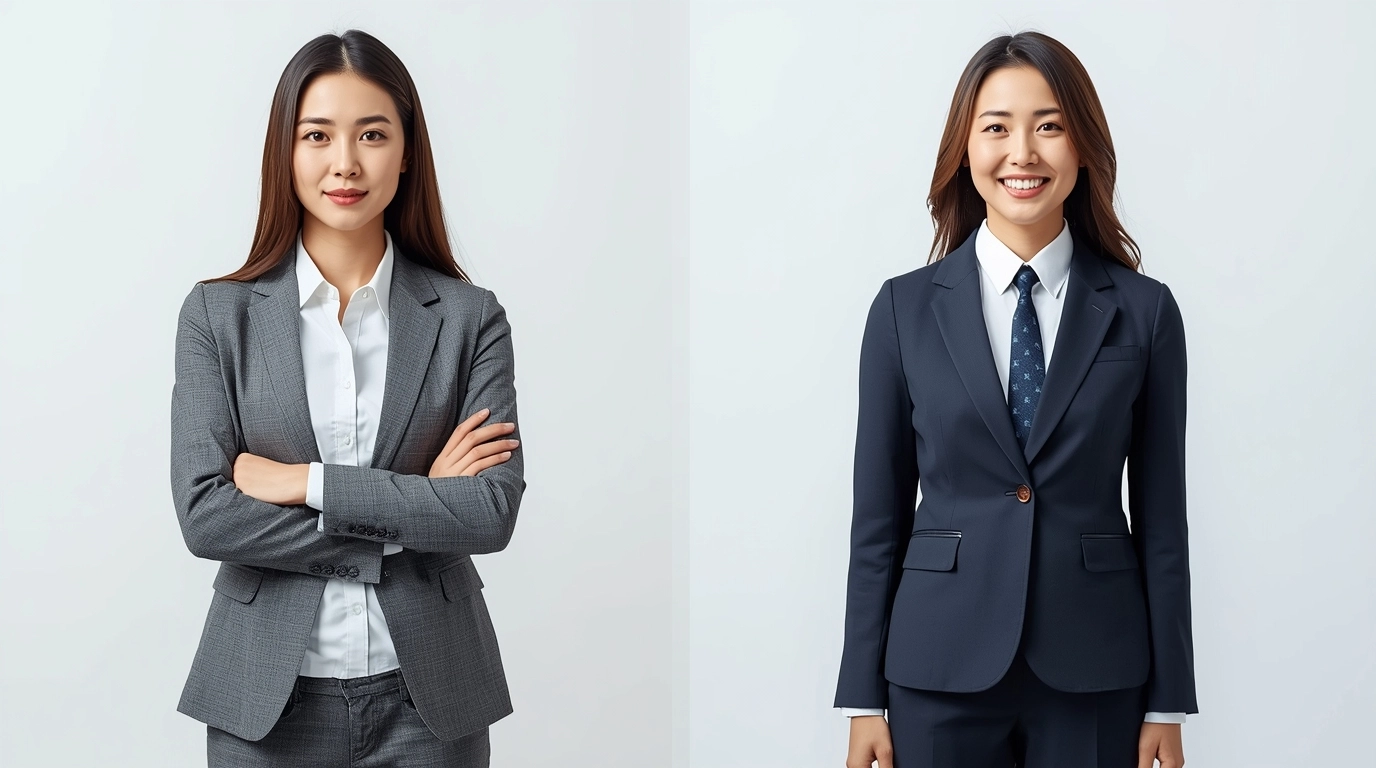 一位台灣女性穿著制服前後的對比圖,展示制服設計如何提升自信與專業氣場。