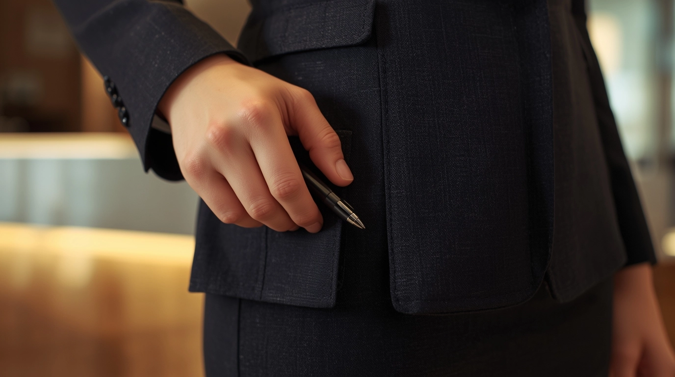 服務人員從口袋取出物品 特寫鏡頭,女性服務人員從洋裝側邊隱形口袋中優雅地拿出一支筆,準備為客人紀錄,展現便利性。