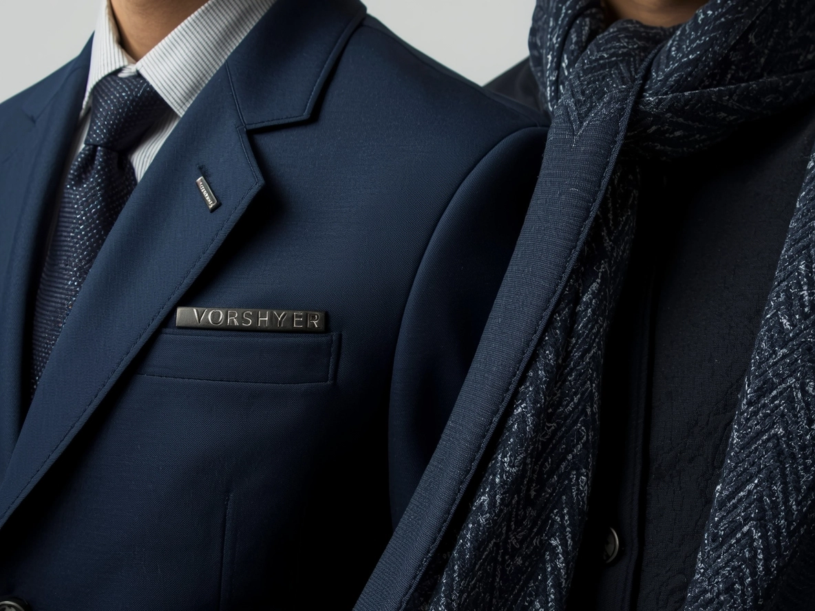 海軍藍、黑白專業制服的特寫，展現織品紋理、企業品牌風格
