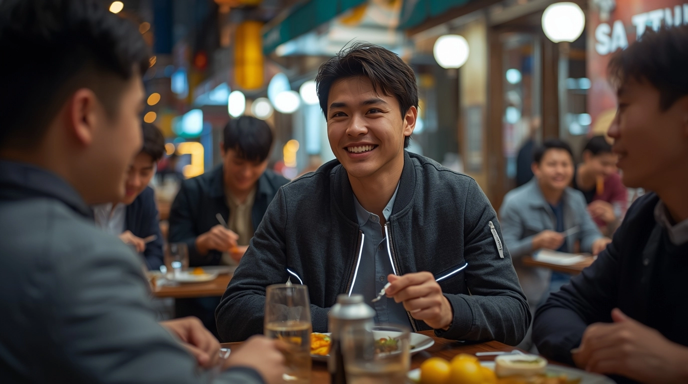 一群年輕的台灣上班族下班後聚餐,其中一人穿著設計時尚的反光外套,完全融入休閒場景。 年輕上班族穿著時尚設計的工裝外套在餐廳聚餐