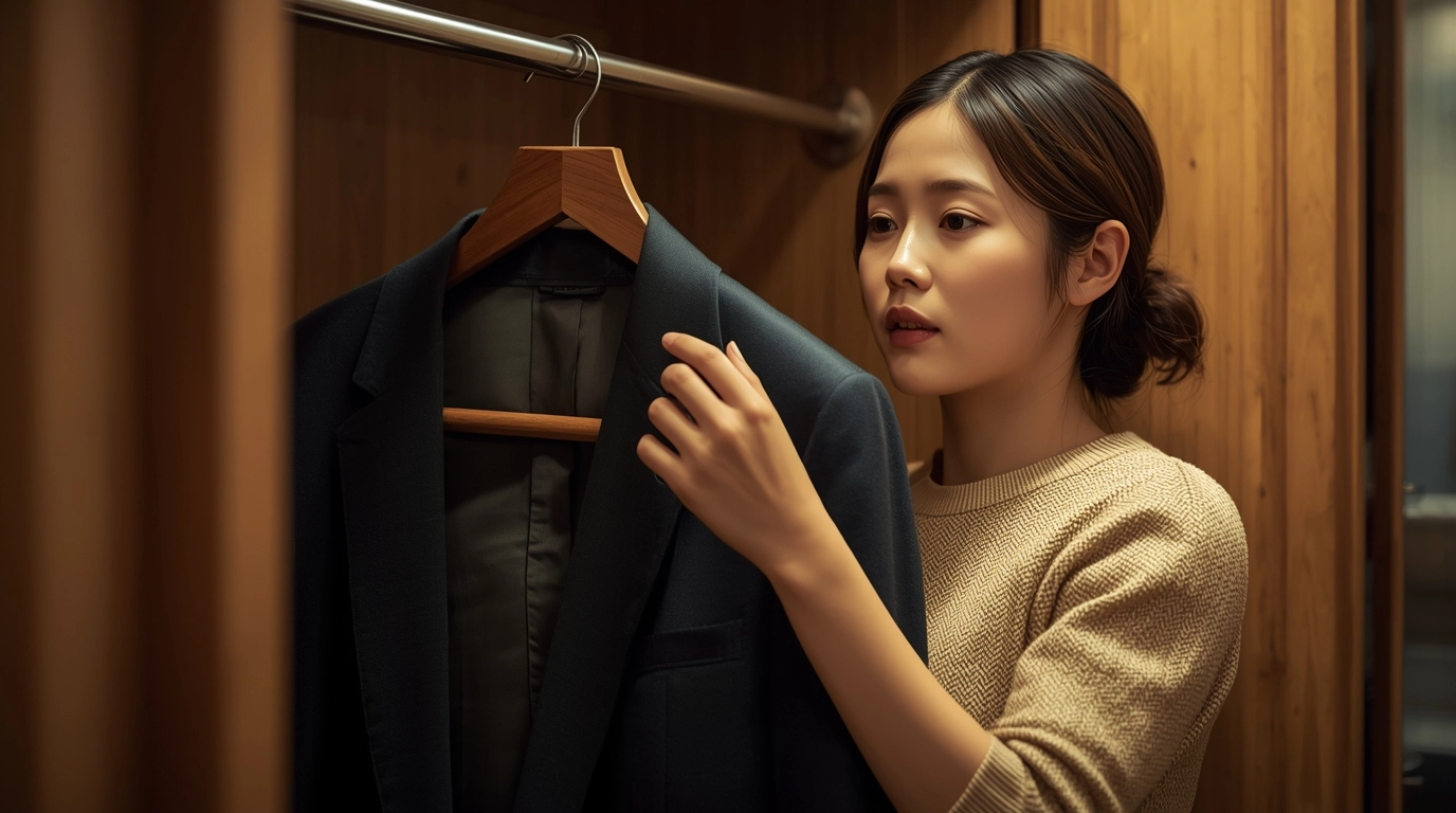 輕鬆整理制服的情境 一位女性在更衣間簡單整理剛晾乾的制服外套,不需要熨斗,衣物看起來已經很平整,展現好保養的特性。