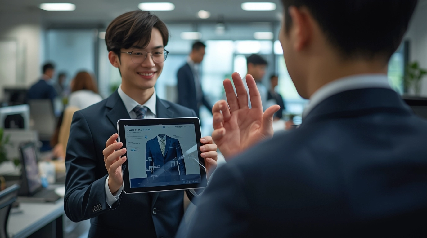 繁忙的台灣辦公室場景,一位年輕的採購專員開心地拿著平板給老闆(背影)看,老闆比出「OK」的手勢。展現快速定案的輕鬆感。 採購人員向老闆展示AI制服設計並獲得批准