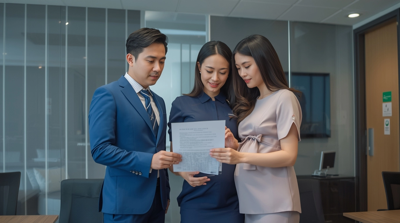 懷孕員工與團隊開會/懷孕員工穿著制服與其他同事一起開會,畫面和諧統一,展現融入團隊的專業感。