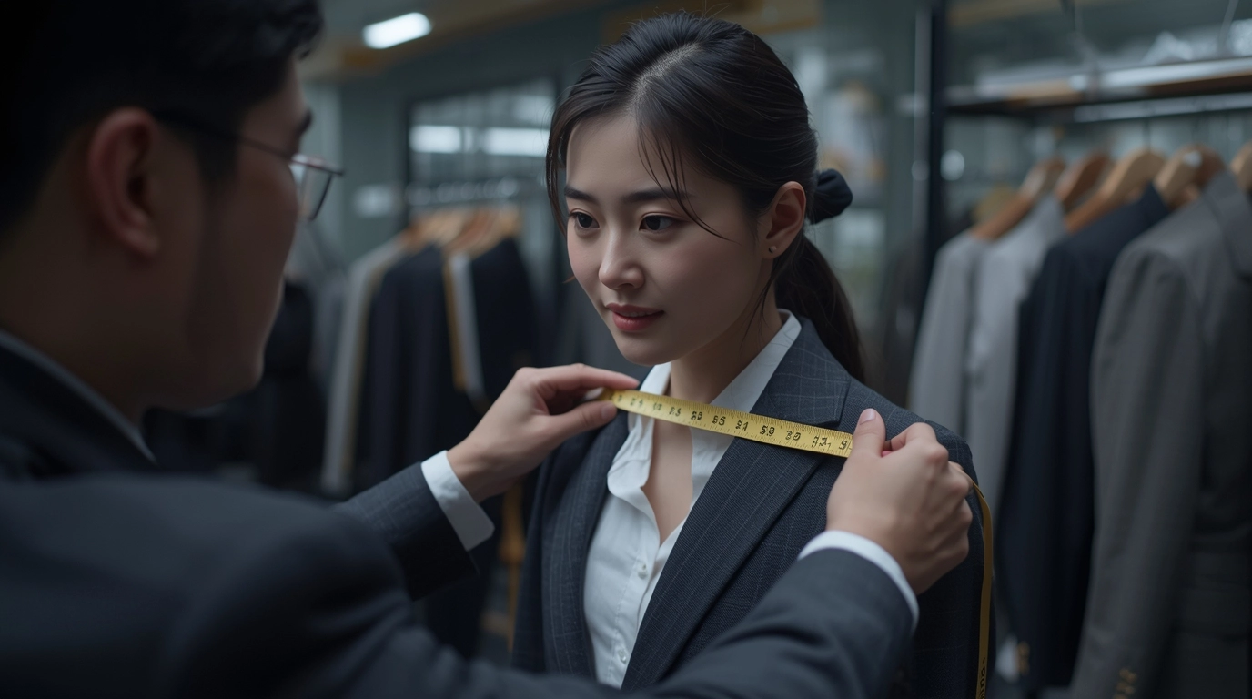 裁縫師正在為職場女性測量尺寸/裁縫師正在專注地為一位年輕的台灣女性進行西裝試穿與尺寸測量,展現訂製過程的專業與細膩。