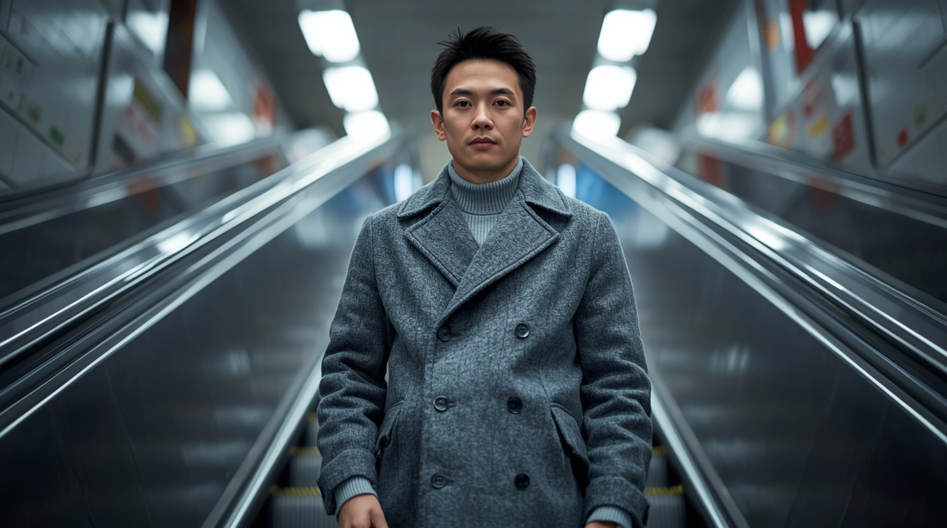 特寫鏡頭展示布料質感,一位男性員工在捷運站內(或手扶梯上),即使穿著外套看起來也很乾爽舒適,強調布料的輕薄與透氣感。 台灣捷運通勤族穿著透氣西裝外套