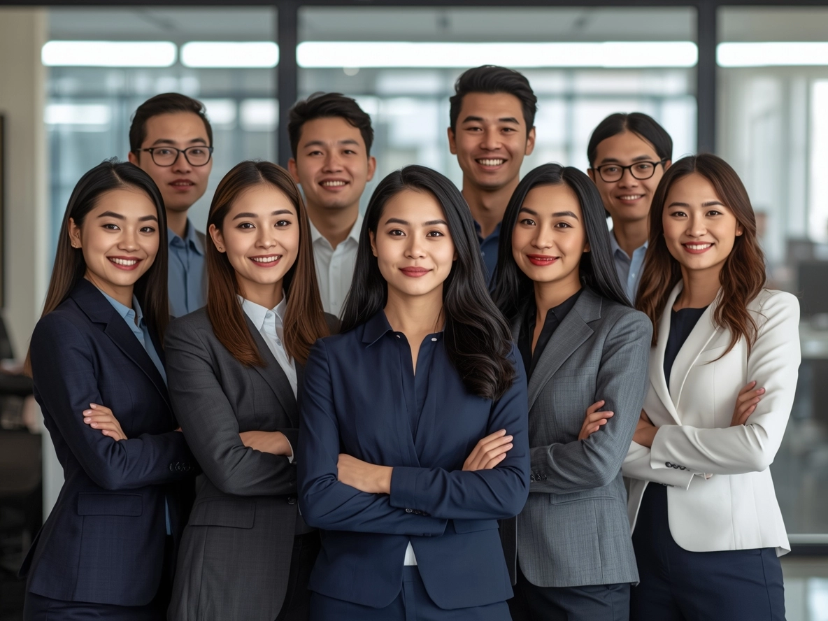 專業辦公室亞洲員工團體穿著不同色調的時尚制服、企業環境、乾淨的現代背景、逼真的攝影