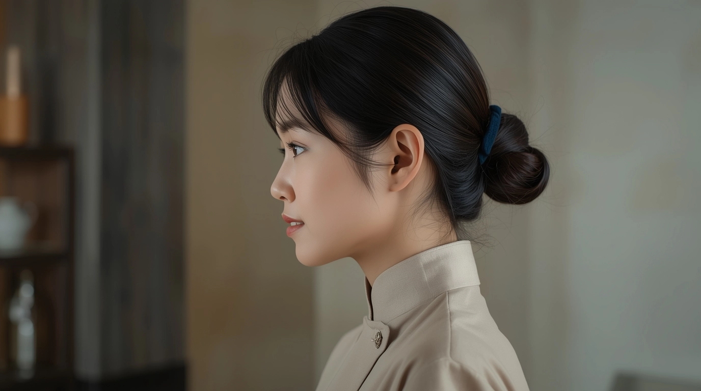 高級茶館或SPA場景，女性員工穿著米杏色改良式小立領制服（領口有水滴挖洞），正在整理檯面。側面視角，展示領子不勒脖子且修飾頸部的線條。	改良式立領制服，展現東方優雅氣質