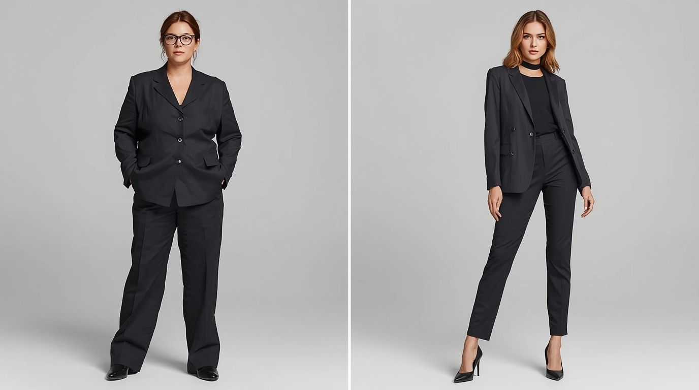 比較圖：畫面分割，左邊是傳統呆板的寬大西裝褲（打個叉），右邊是修身剪裁的煙管褲（打個勾），強調版型對身形修飾的重要性。	傳統寬鬆西裝褲與現代修身西裝褲對比