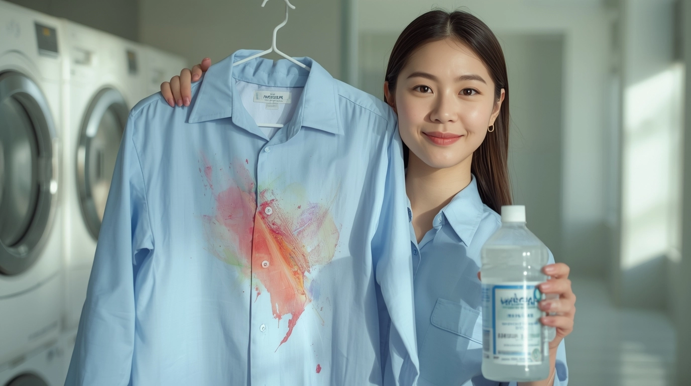 清除衣服上的史萊姆 一位年輕台灣女性在明亮的洗衣間,拿著一件沾有史萊姆的衣服,另一手拿著白醋瓶,展現解決問題的自信神情。