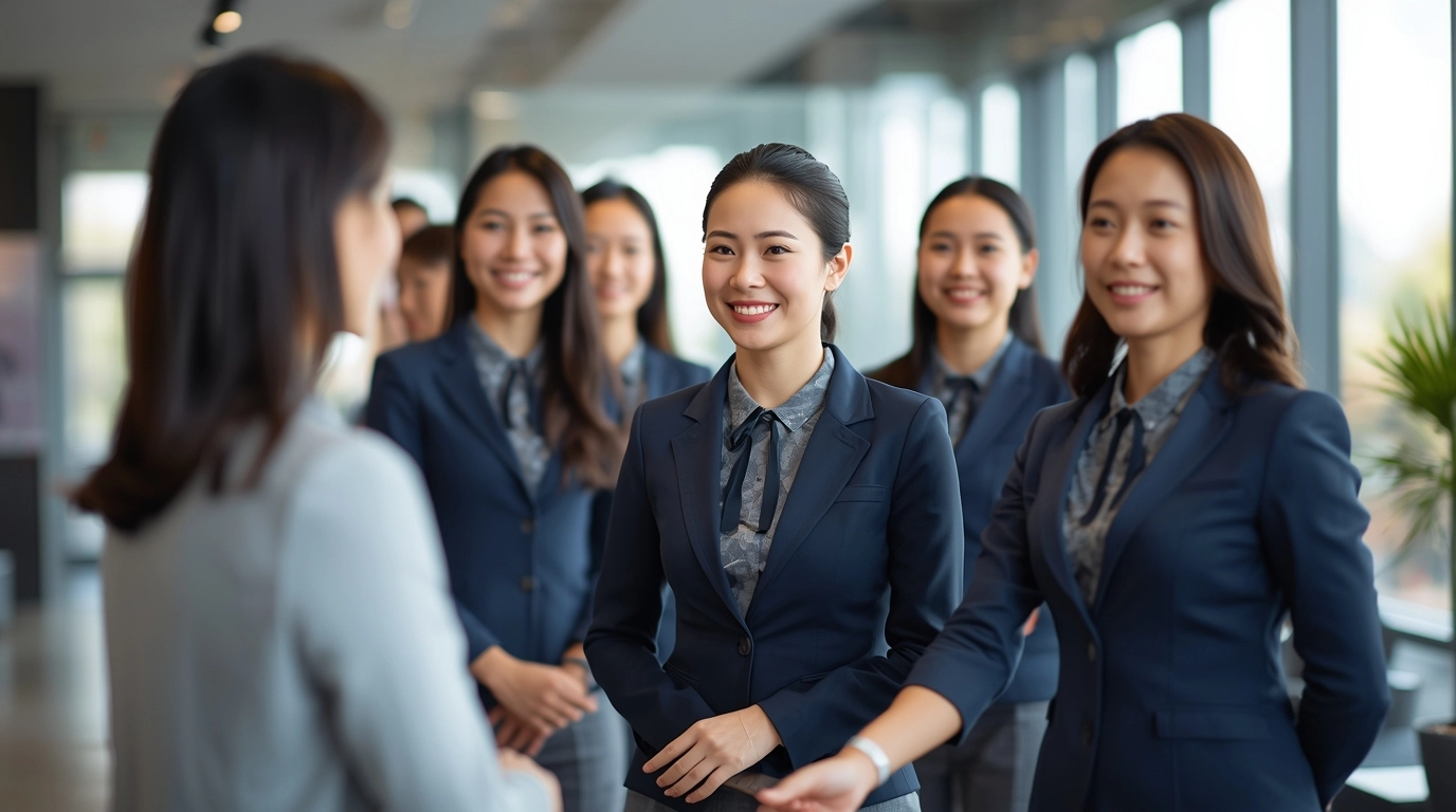 台灣企業團隊成員穿著整齊統一的辦公室制服,在接待區迎接客戶,展現專業與信任感。