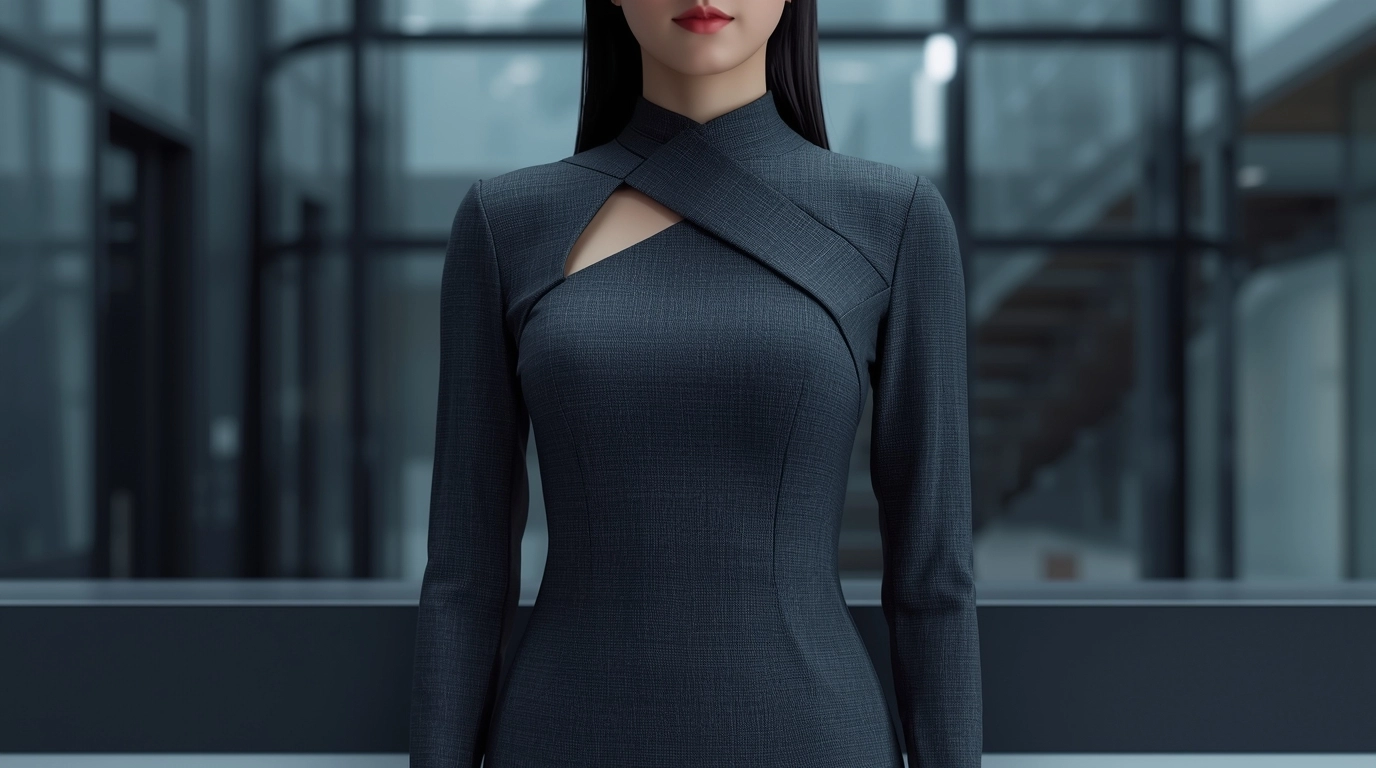 科技公司明亮的前台，員工穿著深灰色、領口幾何斜切設計的洋裝，看起來俐落且現代。布料挺拔，呈現出結構感。	不對稱領口設計制服，適合科技與設計業
