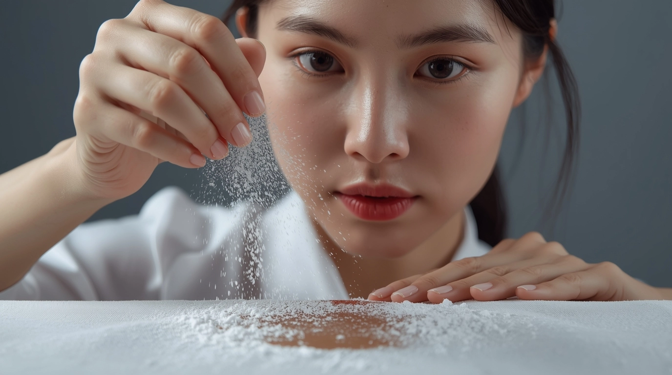 使用嬰兒爽身粉吸附油污 女性在衣服油漬處撒上白色爽身粉,粉末覆蓋在污漬上進行吸油處理。