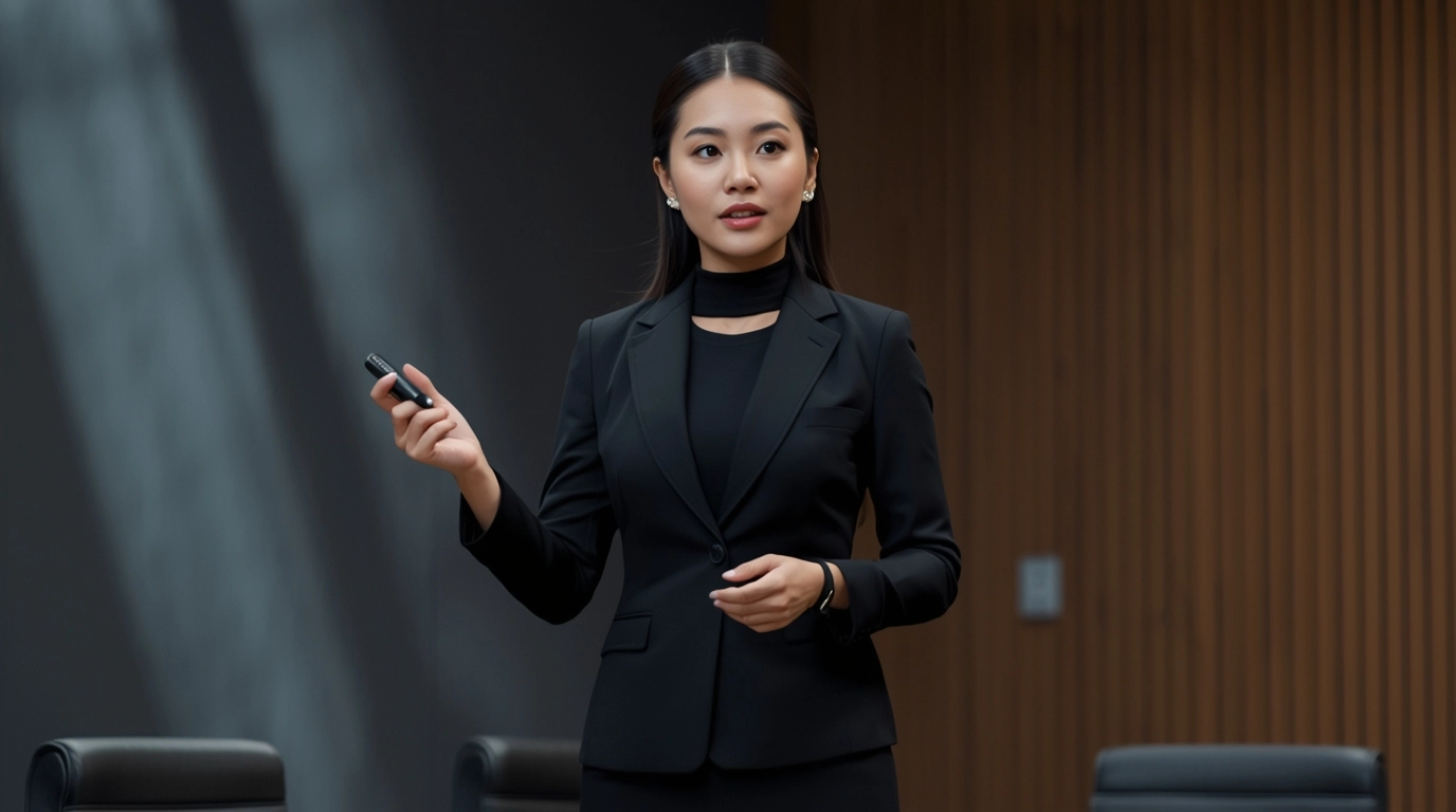 穿著修身制服進行商務會議簡報