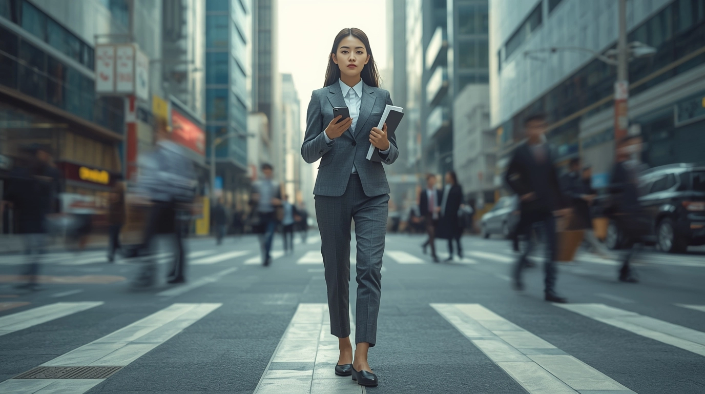 穿著俐落西裝褲的台灣女性在戶外使用手機