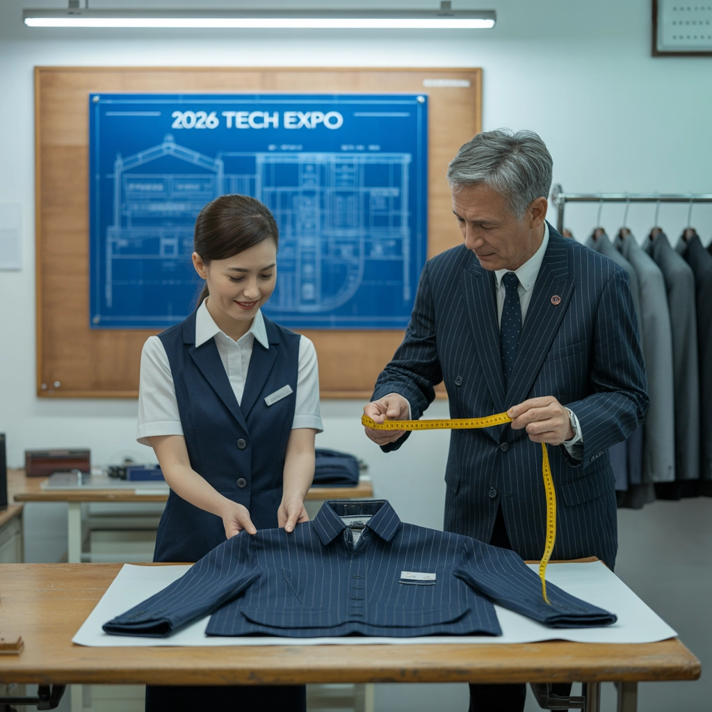 企業採購與制服廠長檢視閃電打樣樣衣，展現真工廠解決展前急件的強大應變能力