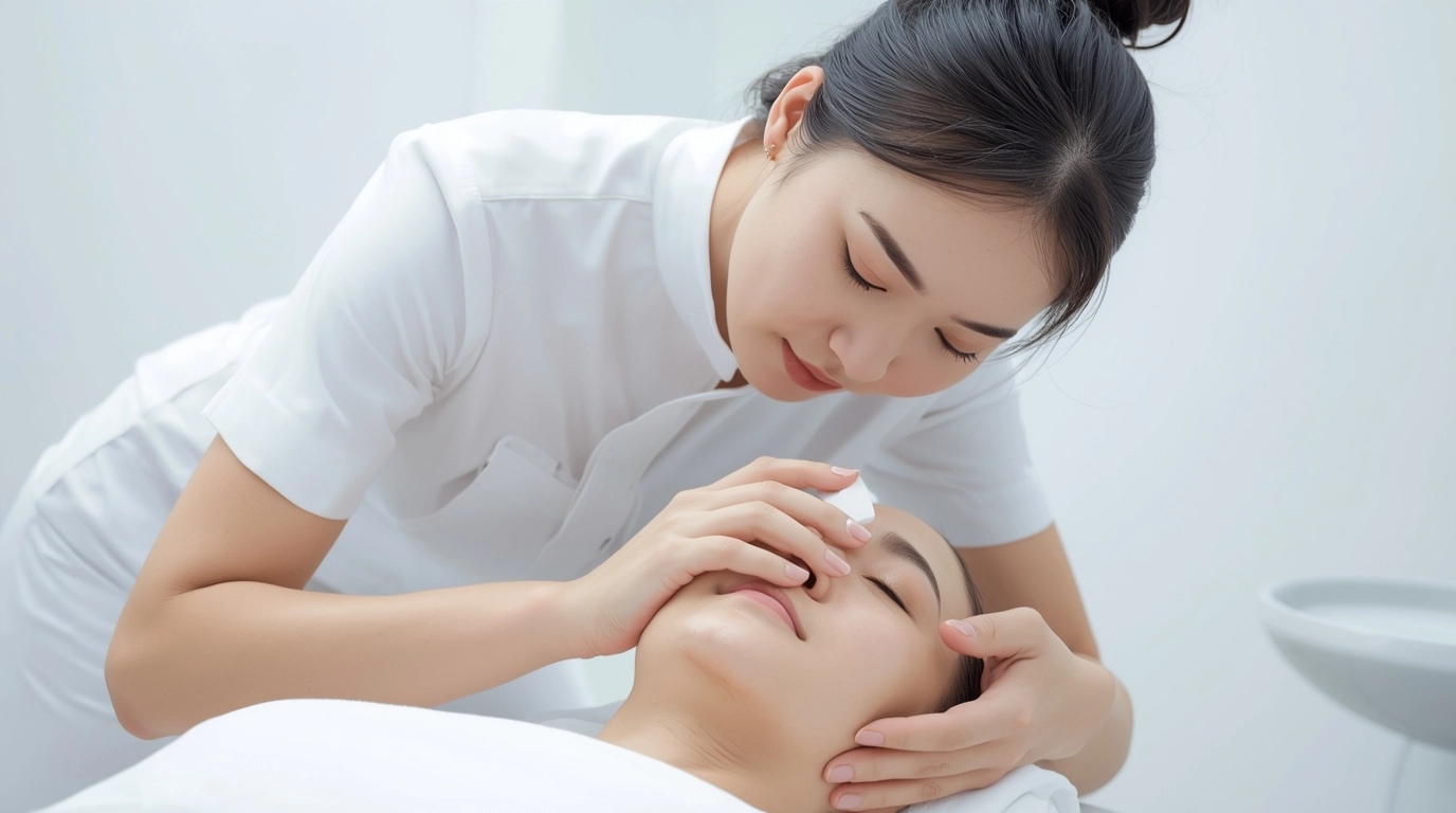 情境照：一位穿著彈性白色洋裝的美容師，正在幫躺著的客人做臉部療程。她的姿勢微微前傾，但衣服背部線條依然平整，沒有緊繃感，腋下也沒有拉扯紋路。	醫美美容師穿著彈性制服工作情境