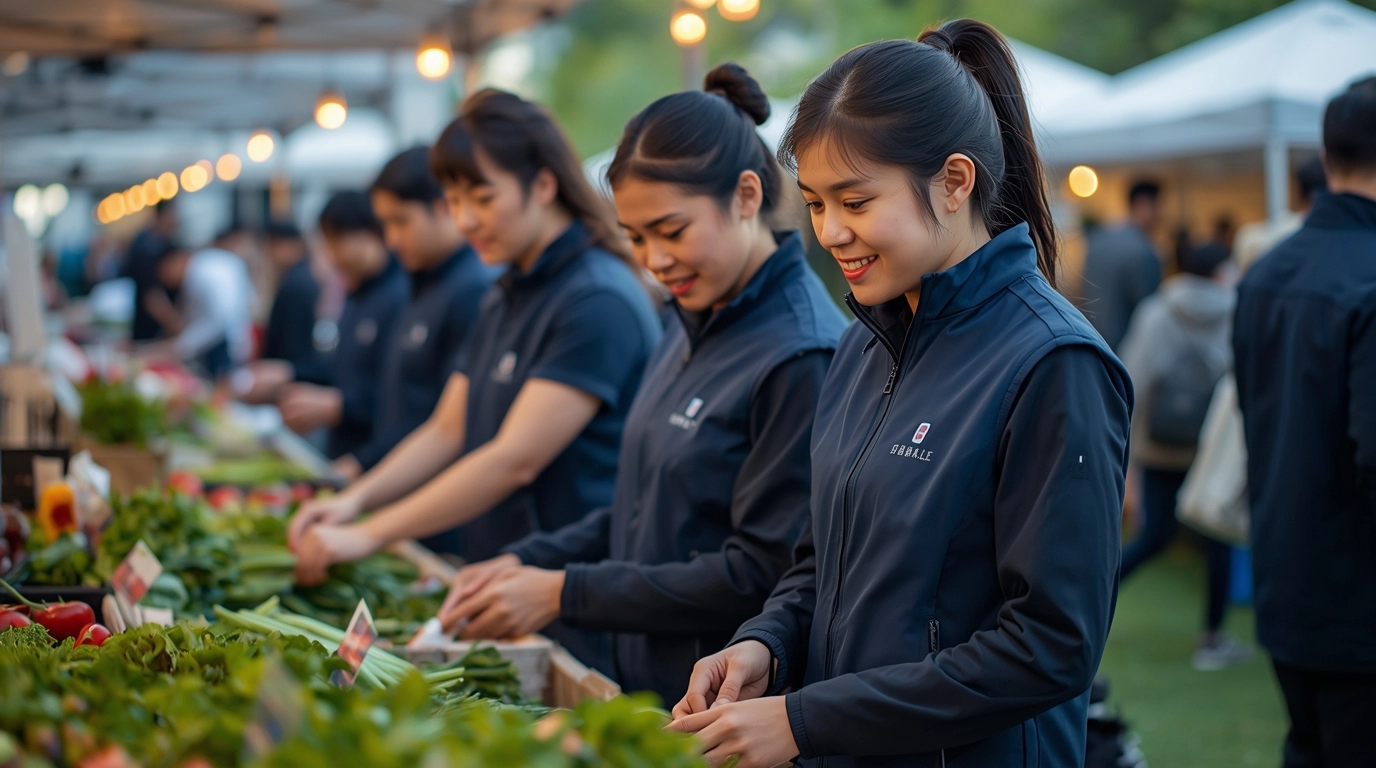 同仁穿著深藍色俐落軟殼背心，正在熱鬧的農特產市集分發試吃。	農會活動推廣機能背心
