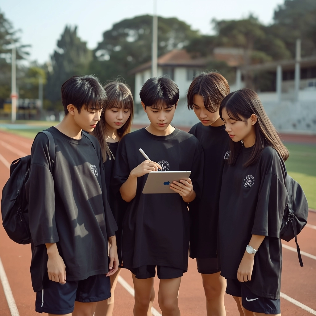 學生拿著平板討論客製化班服圖案