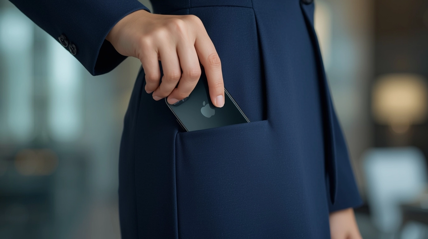 特寫鏡頭：一位穿著質感深色洋裝的女性員工，手部特寫，正將一支筆或手機滑入側邊隱形口袋，展現口袋的實用與隱蔽性。	服務業洋裝制服隱形口袋設計細節
