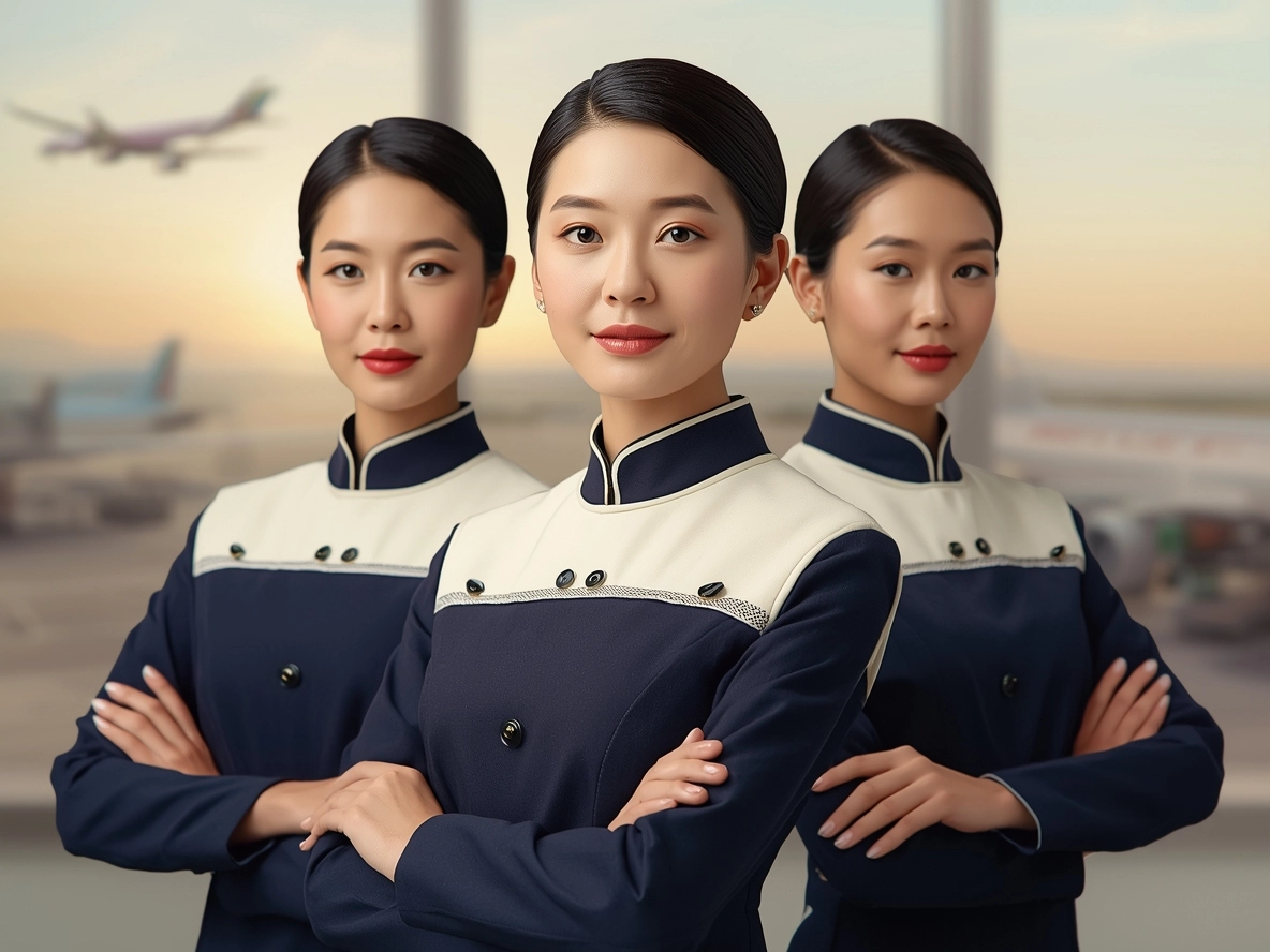 亞洲航空公司工作人員穿著制服，優雅又時尚的專業外觀，全球旅行背景，奢華和信任，無文字，水平