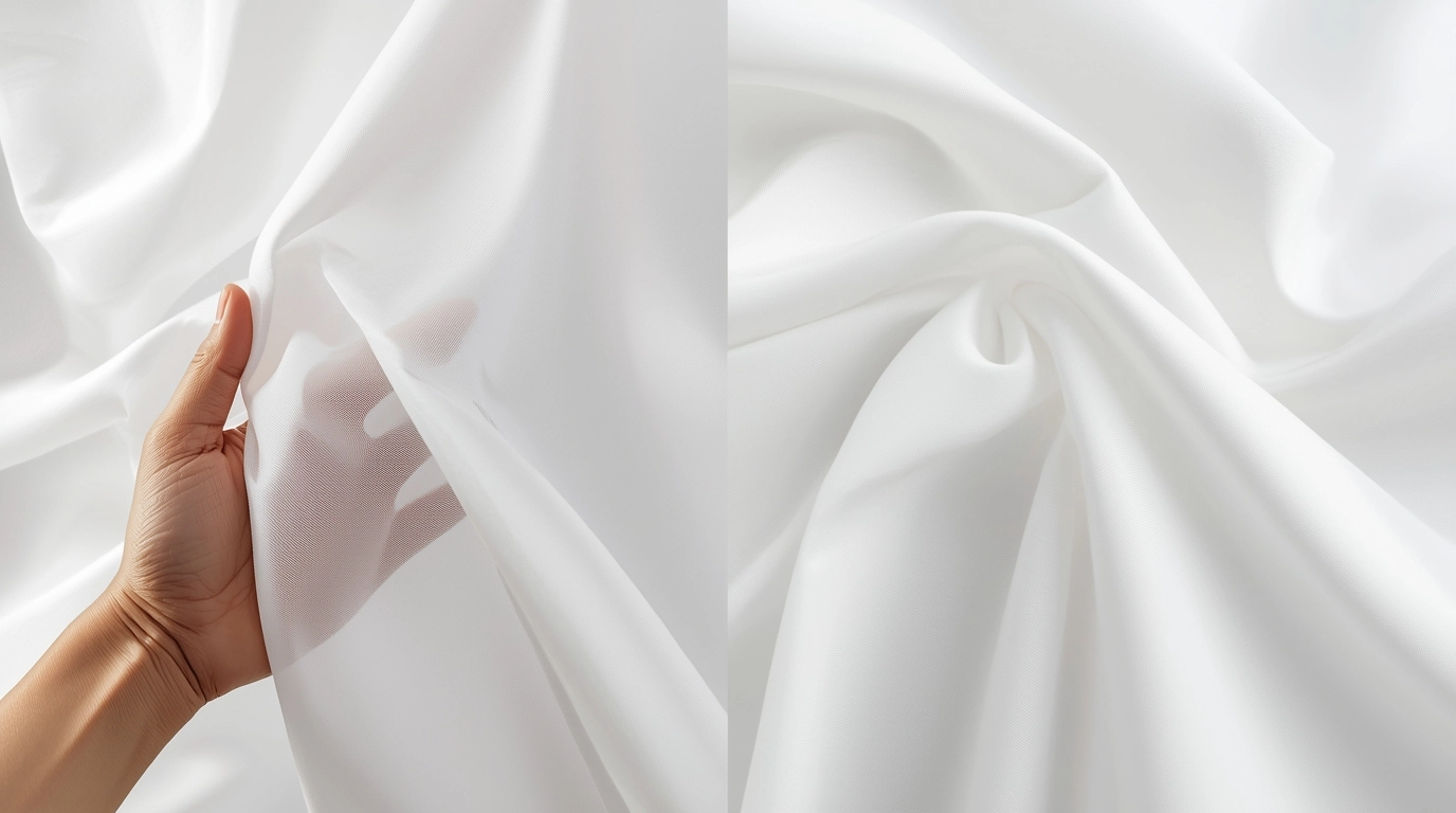 質感特寫：展示兩塊白色布料的對照，一塊透光看到手指（劣質），一塊紮實不透光（優質）。強調布料的密度與不透性。	醫美制服布料透光度測試對比