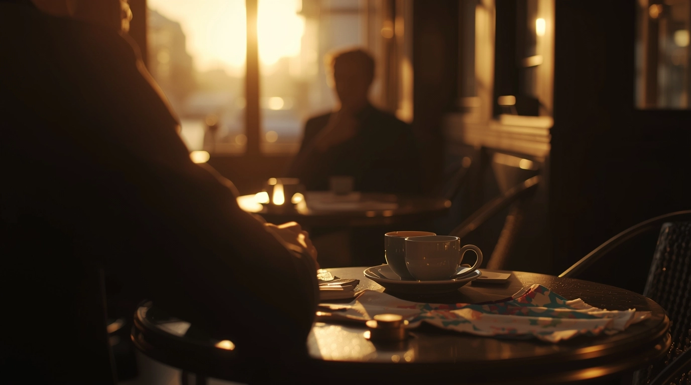 第一人稱視角(像是在對面喝咖啡):桌上放著兩杯咖啡和一些布料色卡,對面坐著一位正在點頭聆聽的採購人員(模糊處理),氛圍溫暖誠懇。 與客戶喝咖啡討論制服細節