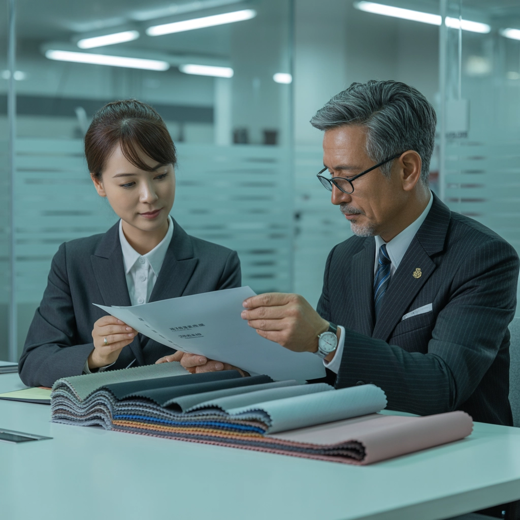 企業採購人員與制服廠長討論制服合約細節與布料色差