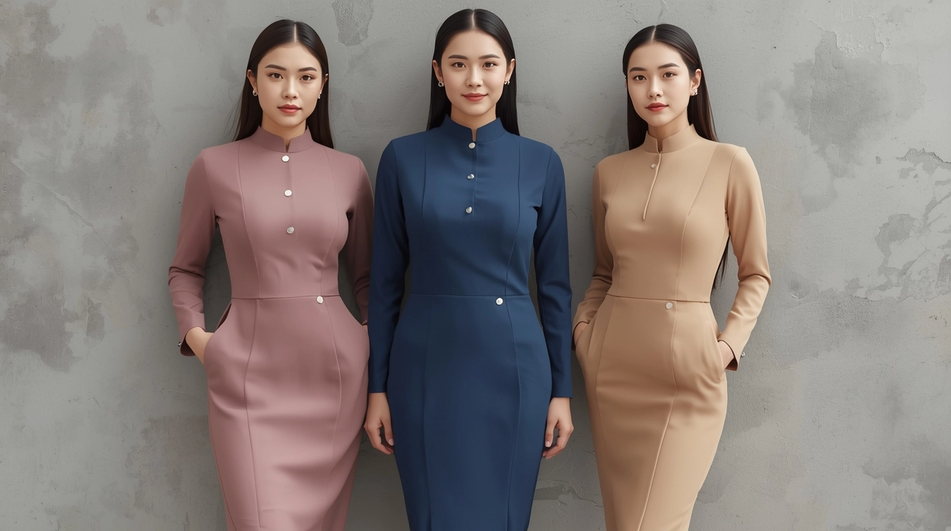 質感展示。三位不同身形的台灣職場女性並排站立，分別穿著乾燥玫瑰粉、霧藍色、杏色的制服洋裝。背景是極簡的灰色調，突顯衣服顏色的高級感。	莫蘭迪色系職場洋裝穿搭展示