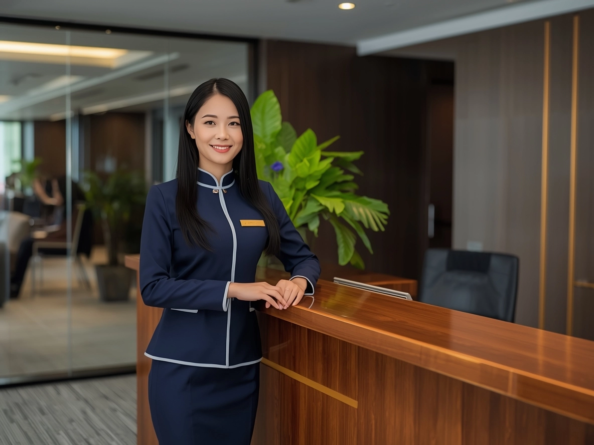 穿著制服的亞洲前台工作人員、專業的飯店接待、現代辦公背景
