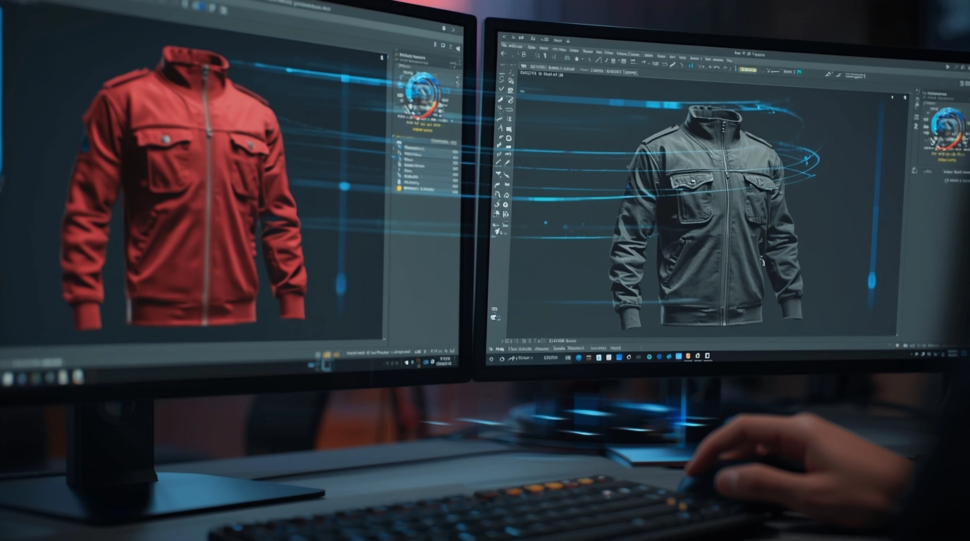 雙螢幕視角。左邊螢幕是紅色的制服設計稿,右邊螢幕瞬間生成了藍色、綠色、灰色的同款制服 AI 實穿圖,強調快速換色的功能。 電腦螢幕顯示制服快速換色AI技術