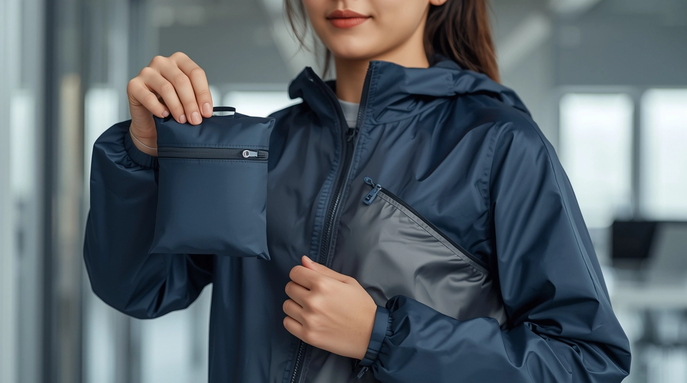 防風外套收納成小體積示意圖