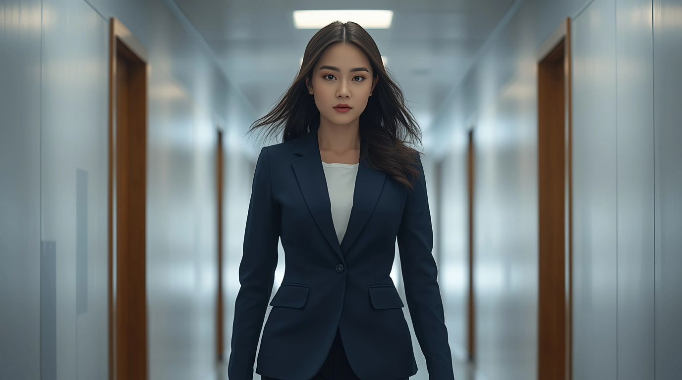 耐用抗皺制服展示/女性穿著挺拔俐落的聚酯纖維制服外套,充滿活力地拿著文件或是正在行走,強調衣服的平整與抗皺特性。