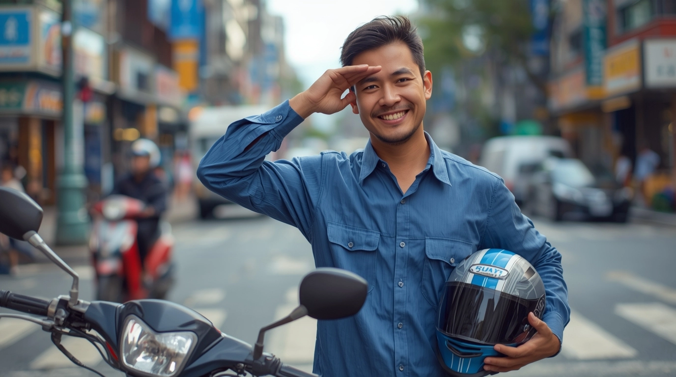 一位外勤業務或技師剛拿下安全帽，站在機車旁擦汗，但衣服看起來依然乾爽整潔，背景是台灣街道或騎樓。展現布料的排汗機能。	穿著排汗制服的台灣外勤業務騎機車跑客戶