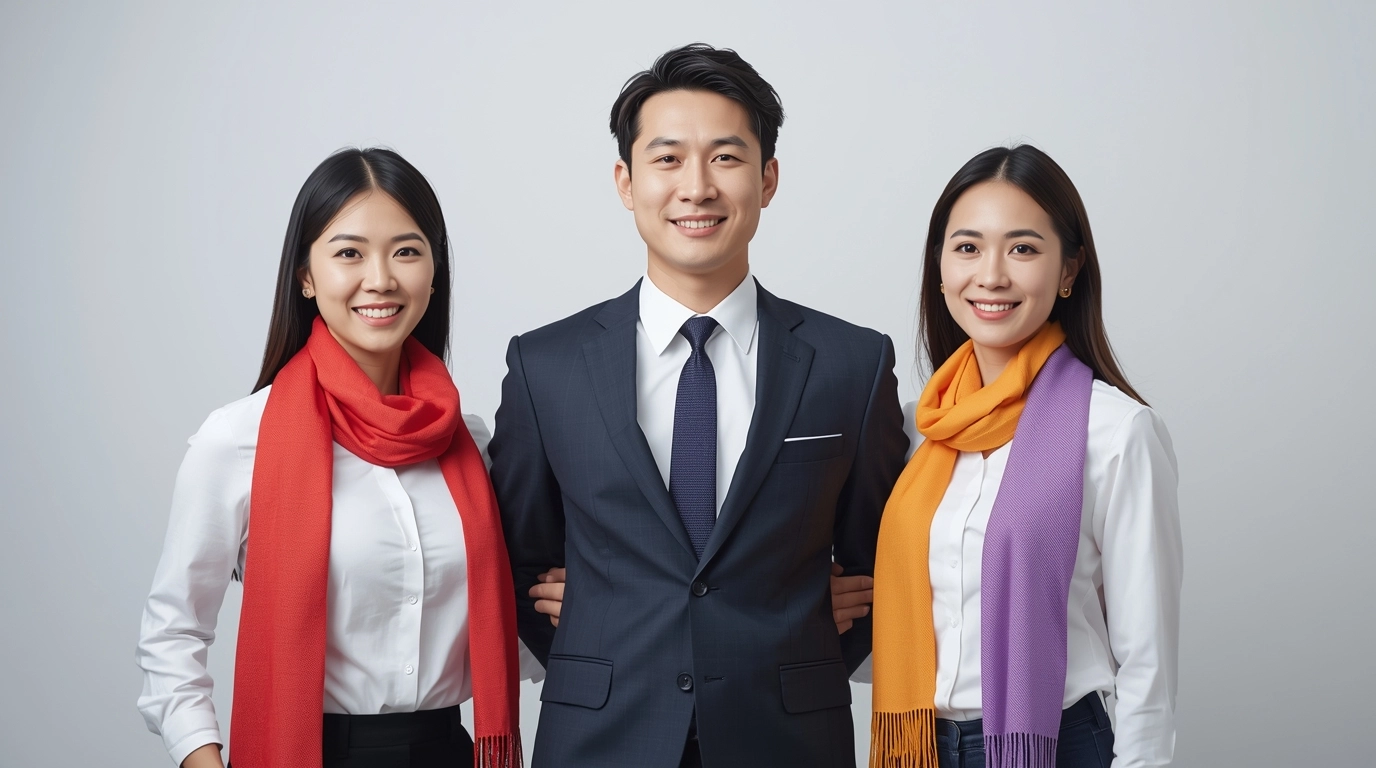 團體照:三位員工站在一起,中間是主管(深色領帶),兩旁是一般員工(公司代表色領帶/絲巾)。穿著同樣的白襯衫,但透過配件明顯區分出層次感,展現團隊專業度。 透過領帶絲巾顏色區分職級