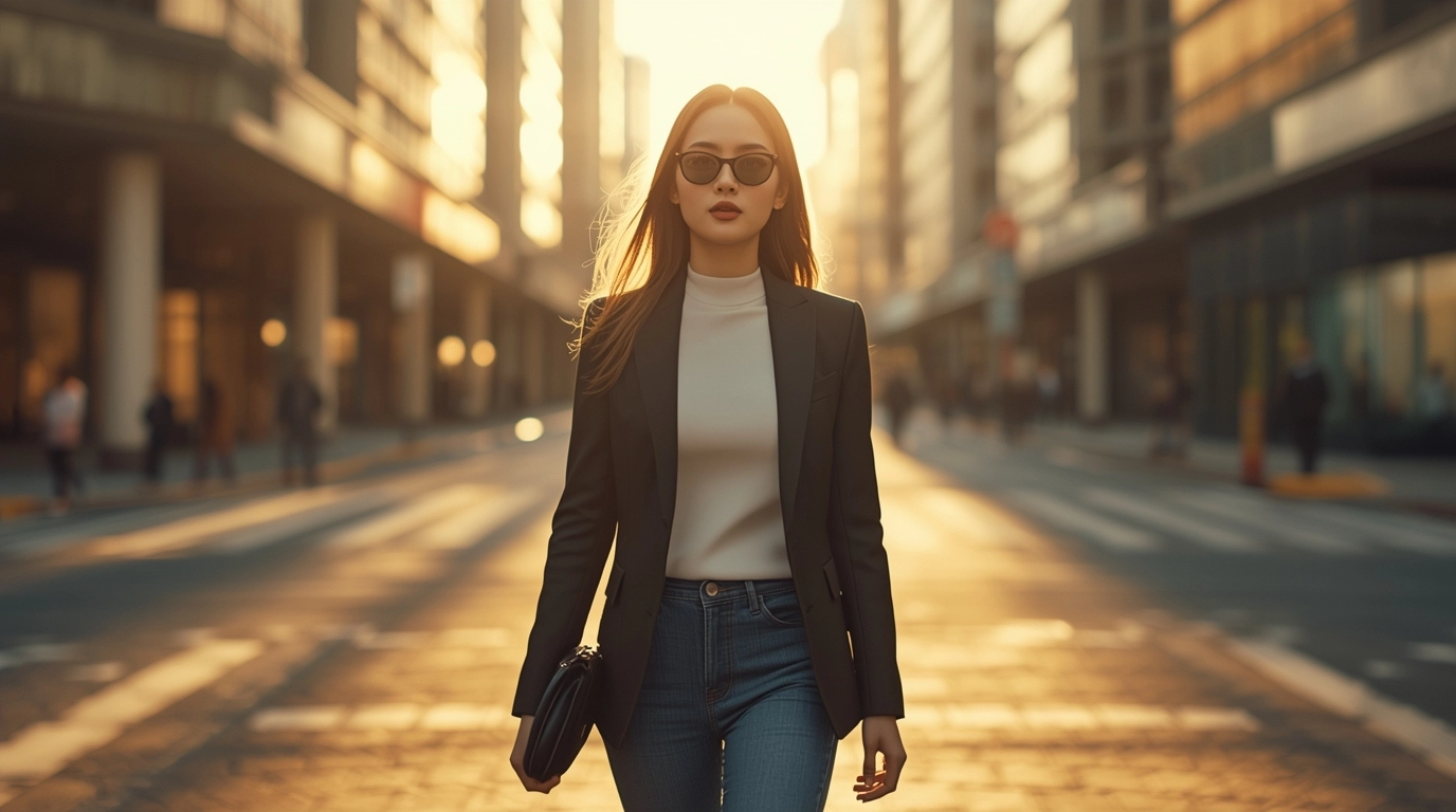 自信的台灣女性走在街頭 一位穿著時尚俐落的年輕台灣女性,自信地走在城市街道上,陽光灑落,展現出強大的氣場與個人態度。