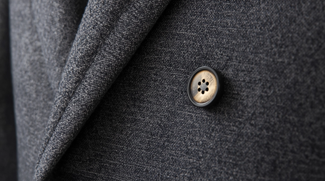 極致特寫(Macro Shot)一件高級灰色雙排扣外套的細節,聚焦在精緻的牛角釦以及劍領(Peaked Lapel)的高挺線條,展現工藝質感。 雙排扣西裝外套劍領與鈕扣細節特寫