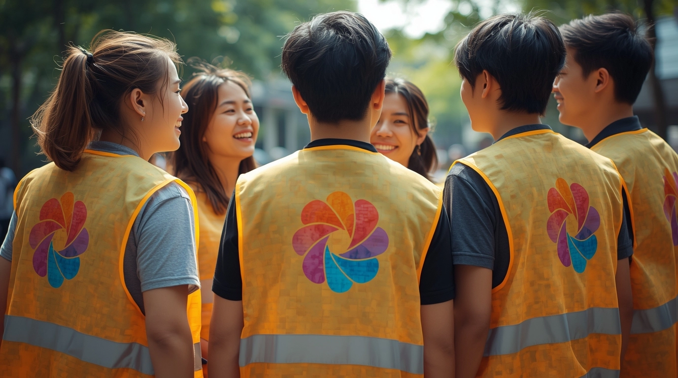 一群年輕的台灣新創團隊成員穿著色彩鮮豔的活動背心,背後的 Logo 使用高品質印刷,色彩飽和且細節豐富,呈現充滿活力的氛圍。 台灣新創團隊穿著全彩印刷Logo活動背心