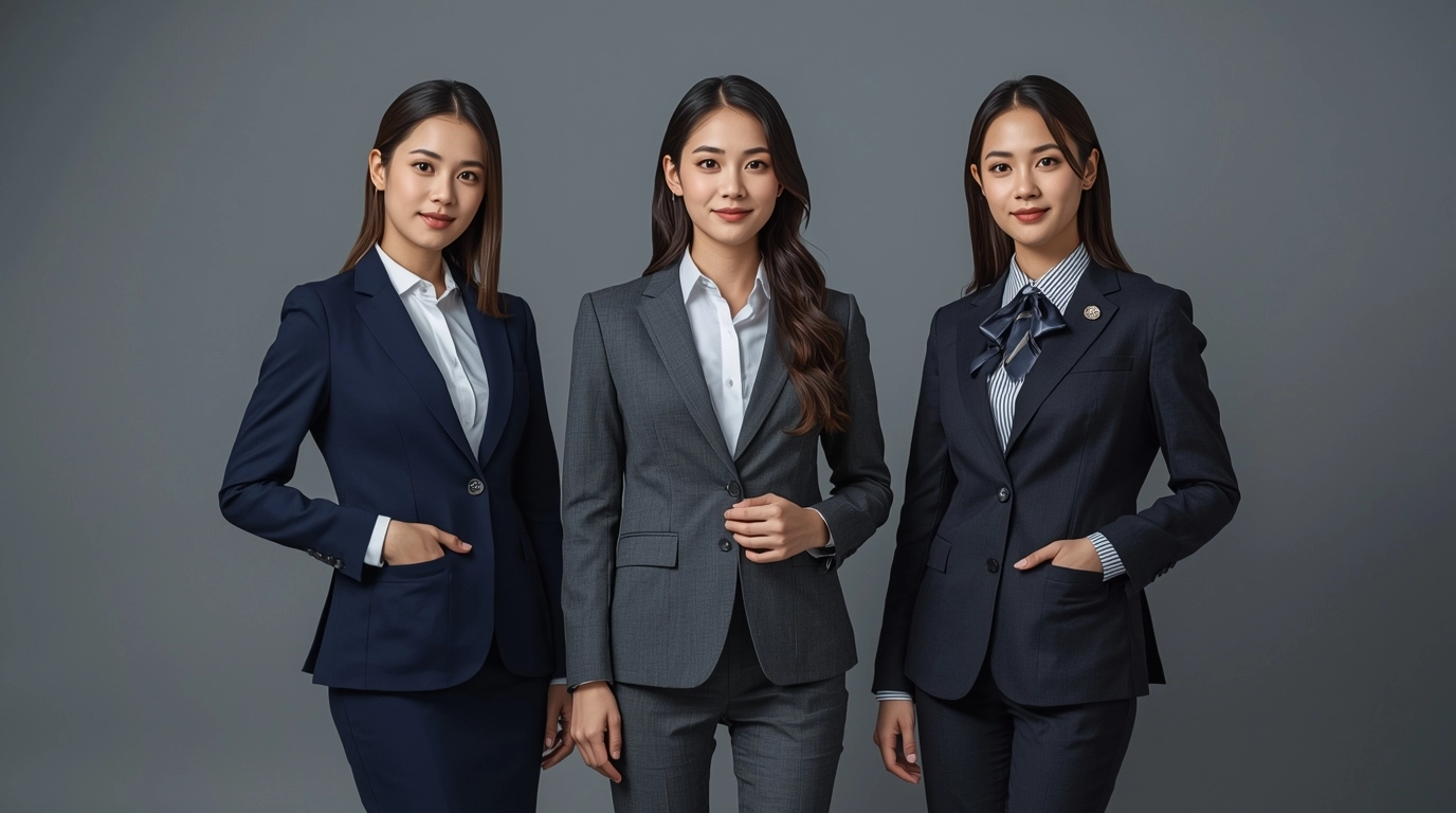 年輕女性公司制服套裝穿搭:深藍與炭灰款式示範|專業形象|源洋