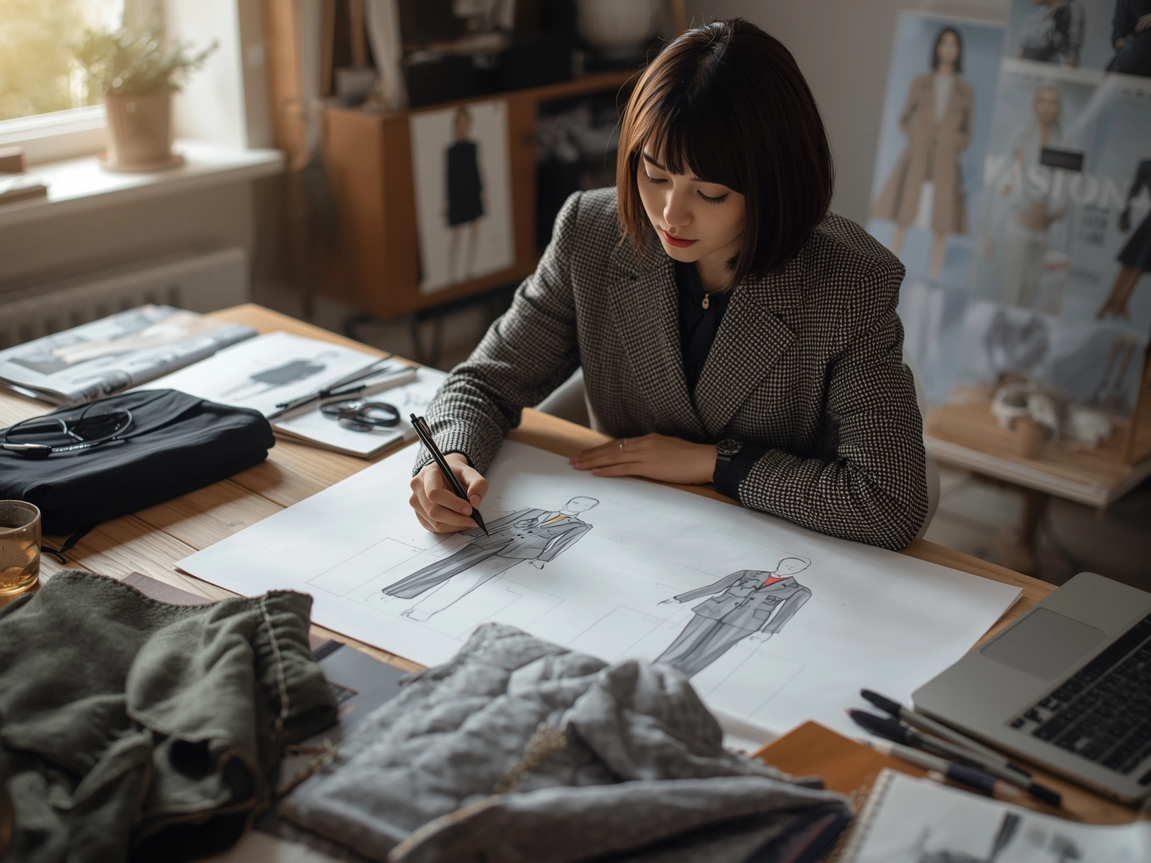 亞洲設計師繪製制服設計草圖、桌上的布料樣品、企業時尚概念、創意情緒